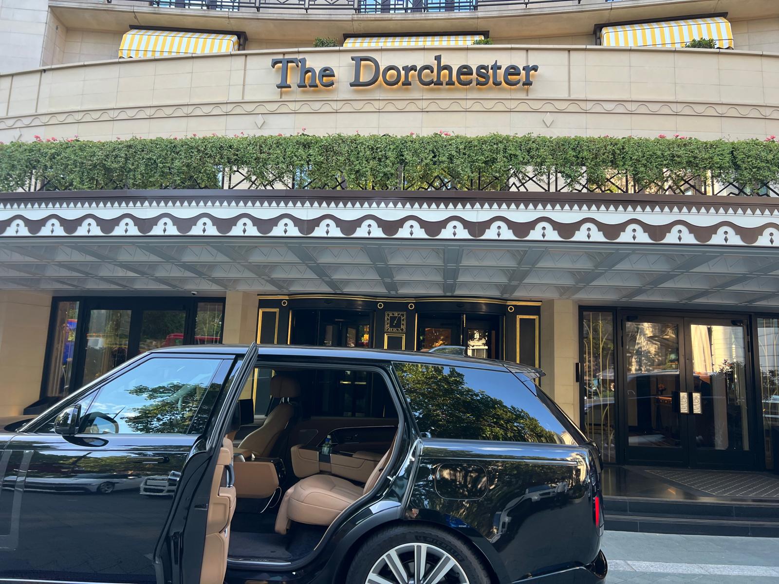 Crown Chauffeurs vehicle arriving outside The Dorchester in London